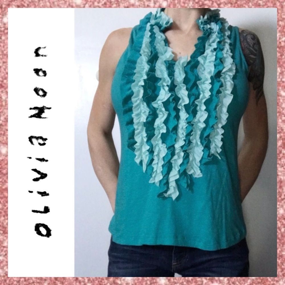 Olivia Moon Blue Split V-Neck Ruffled Top Large L